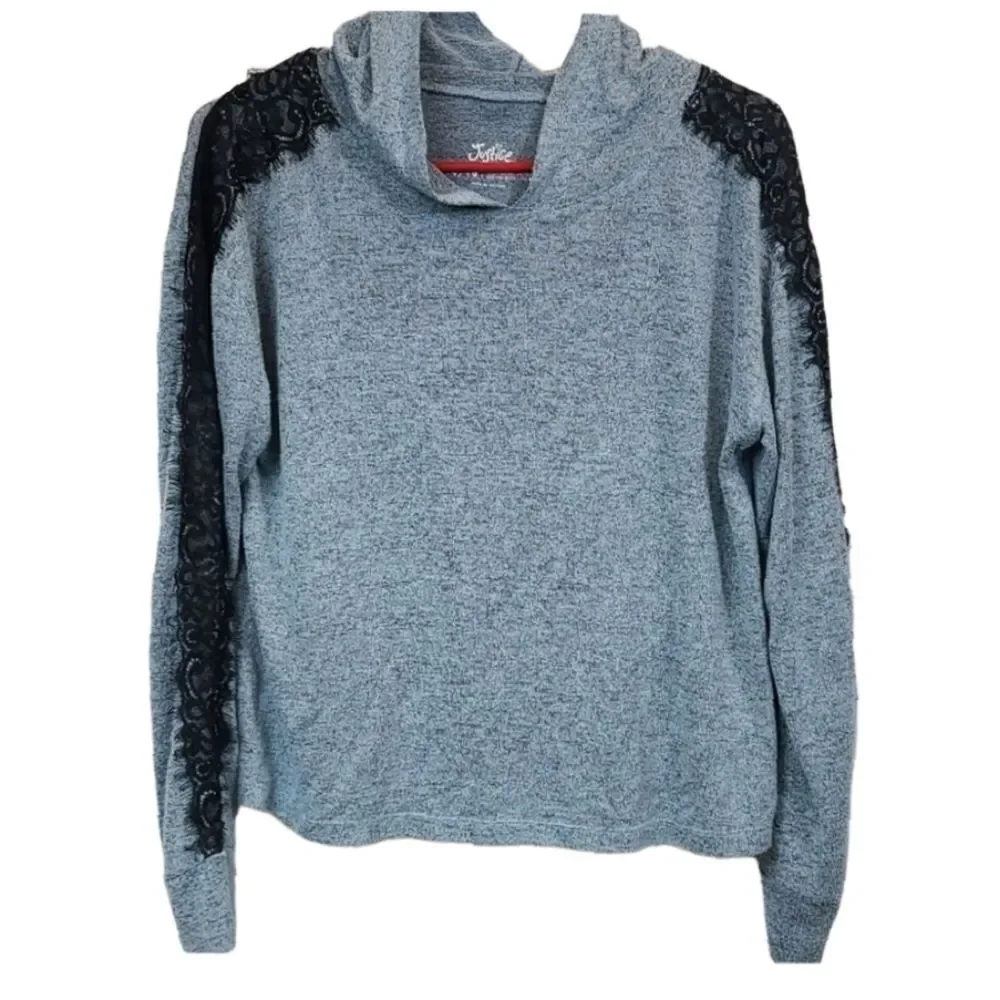 Justice Girls Hoodie Sweater 14 16 Blue Lace Sleeve Knit Pullover Soft School